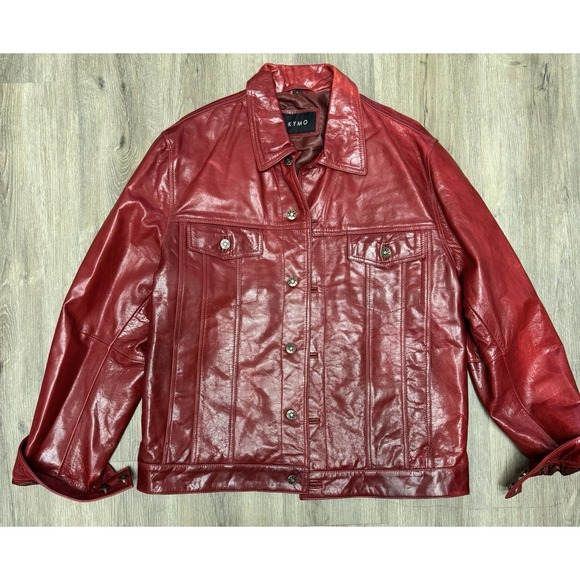 KYMO Red Real Leather Trucker Jacket L Stars Buttons Women's Vintage VTG